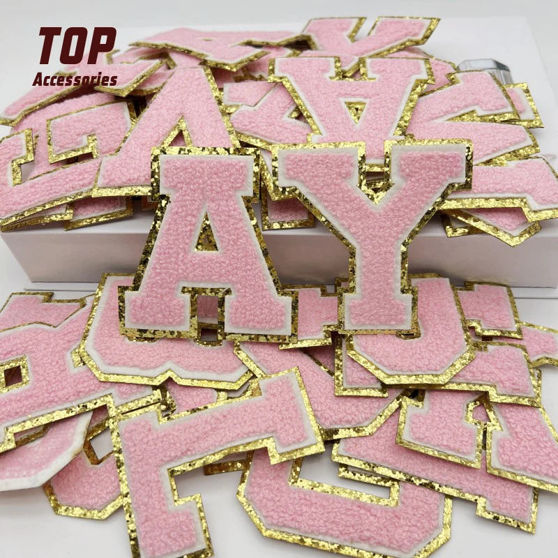 Sequin Edges Chenille Patches Handmade Embroidery Iron Fabric Cotton PVC on Manufacturers Stock Pink Letters A-Z 8cm with Gold