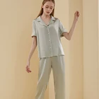Sleepwear 2 Piece Short Sleeve Satin Sleepwear 100% Silk Pajama Set Women Home Wear Set