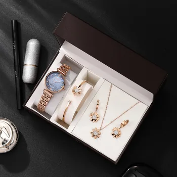 Quartz Watch Gift Box Set Lady Bracelet Earrings Necklace Watches 4 Piece Set Waterproof Steel Strip Wrist Watch Gift Set