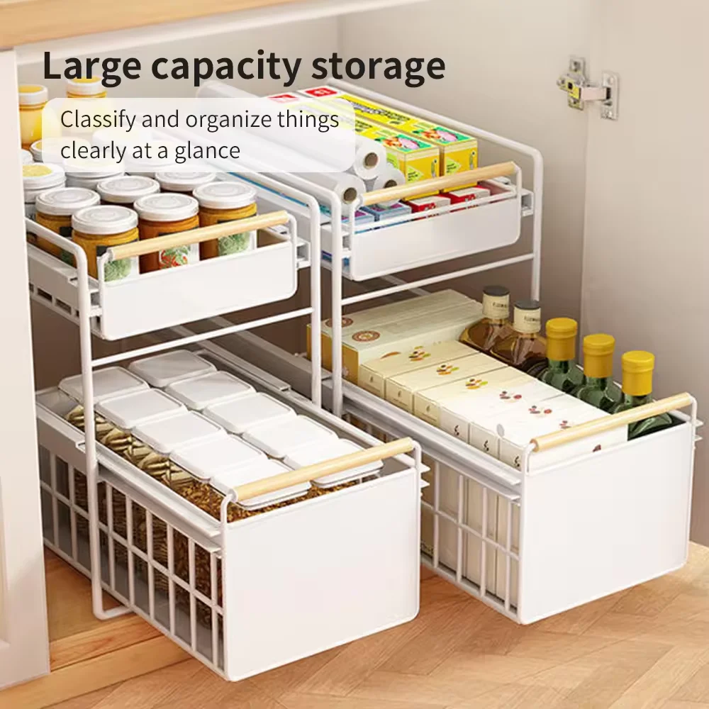 2-Tier Cabinet Basket Organizer Shelf With Sliding Storage Drawer Kitchen Bathroom Countertop Under Sink Organizers