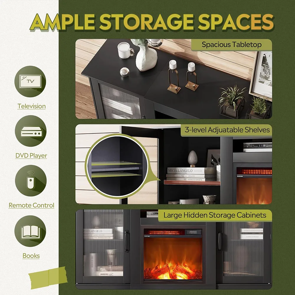 Modern Electric Fireplace TV Stand Entertainment Center with Open Shelves for Home Living Room details