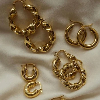 Luxury Vintage Women Chunky 18k Gold platedThick Hoop Earrings Gold Plated Stainless steel Earrings Jewelry