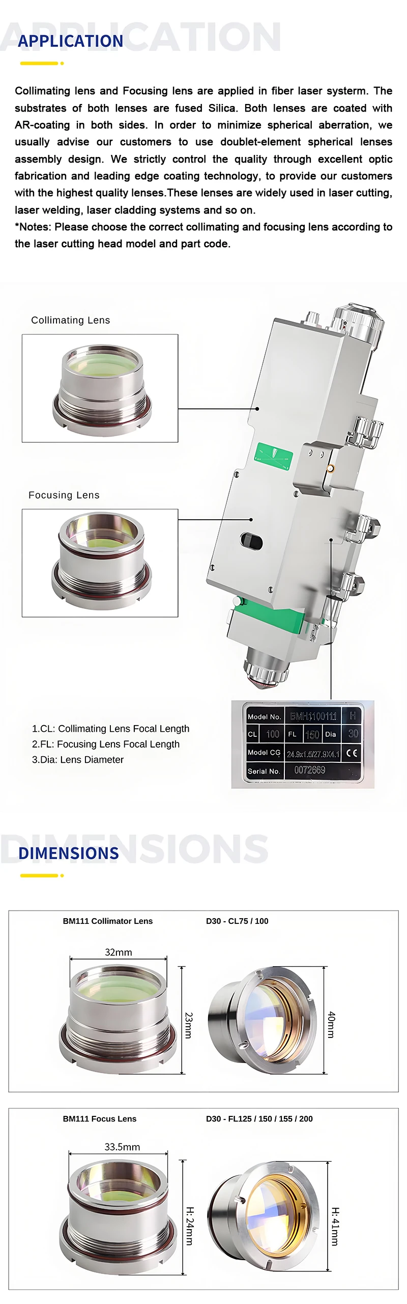 D30 F75 F200 Laser Collimating Lens Assembly New Condition for Raytool BM110 BM111 Laser Cutting Head 120AG0700A Focusing Lens