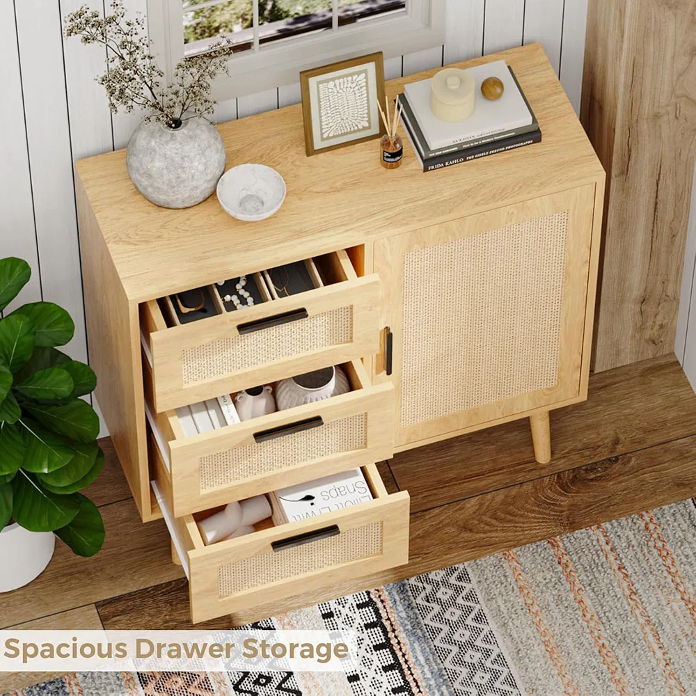 Rattan Sideboard & Wooden Cabinet with 3 Drawers & Door Space-Saving Storage for Living Room manufacture