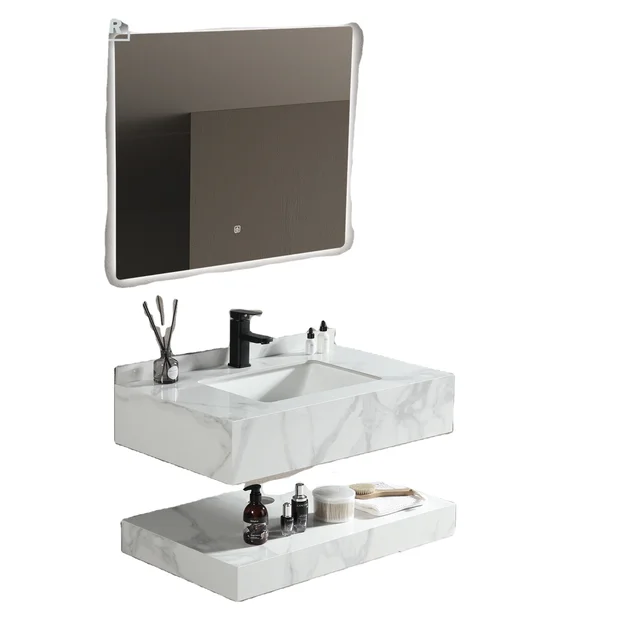 Luxury Wall Mounted Marble Sintered Stone Single Sink Bathroom Vanity Wash Basin Cabinet with mirror