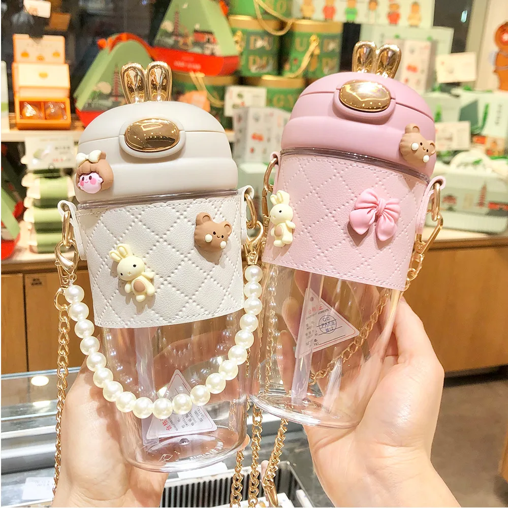 Children's 380ml 580ml Cute Rabbit Ear Plastic Water Cup Girl Kids Portable Plastic Bottle With Straw Pearls Metal Chain Strap