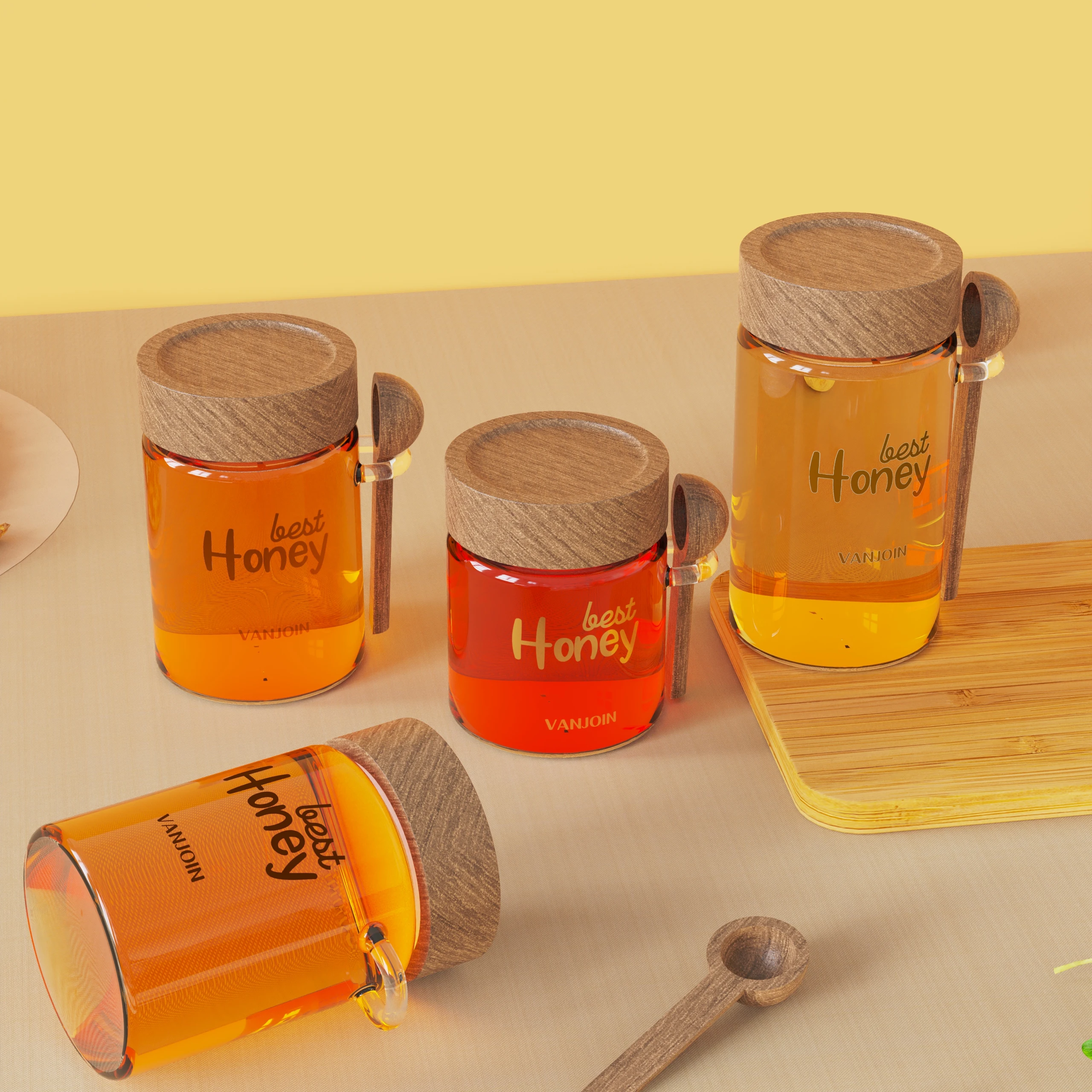 350ML 450ML 580ML Food Grade Glass Jars with Screw Lid for Honey Unique Glass Honey Jar With Dipper Spoon