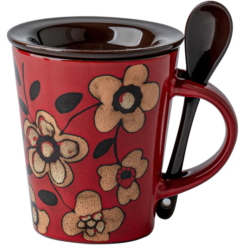 Handmade colored Nordic Red flower ceramic coffee mug with cover spoonn