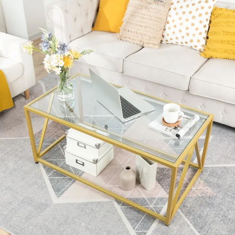 Wholesale Custom Modern Square Gold Glass Coffee Table Glass Top 1 Layer Center Table with Open Storage Shelf for Living Room