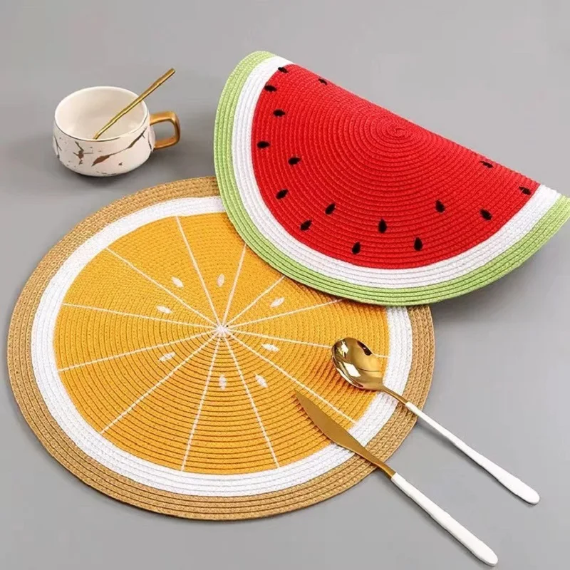 INS Melon Lemon Embroidery Table Mat Heat Insulation Anti-hot Round Woven PP Place Mat