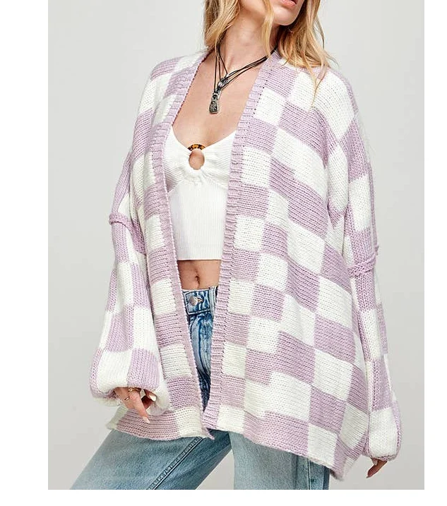 Wholesale Women New Design Checkered Cozy Oversize Sweater Dropped Shoulders Cardigan