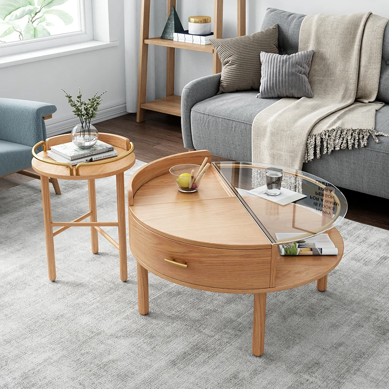 Solid Wood Storage Furniture Sectional Design Glass Top Round Luxury Coffee Tea Table For Living Room