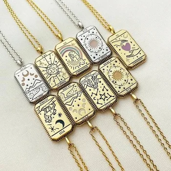 Square Amulet Moon Sun Love Zodiac Pendant Necklace Vintage Gothic 14K Gold Plated Colorful Enamel Card Necklace For Women Gift