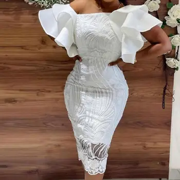 2022 Dresses Women Latest Elegant White Lace Chic Party Dress One Shoulder Ruffle Lady Evening Dress