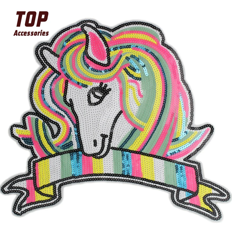 High Quality Unicorn Sequin Patches Large Sew on Cartoon  Sequin Applique Patch for Clothing