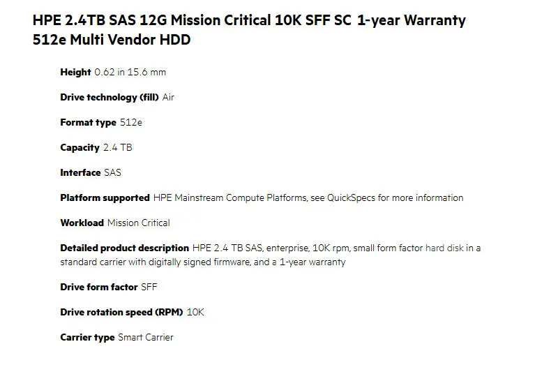 Original HPE 2.4TB SAS 12Gb/s 10K Hard Drive for Server | 512e Format 7.6ms