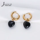 Agate Drop Stone Earrings New 18K Gold Plated Heart Shape Pendant Natural Stone Black Agate Hoop Earrings