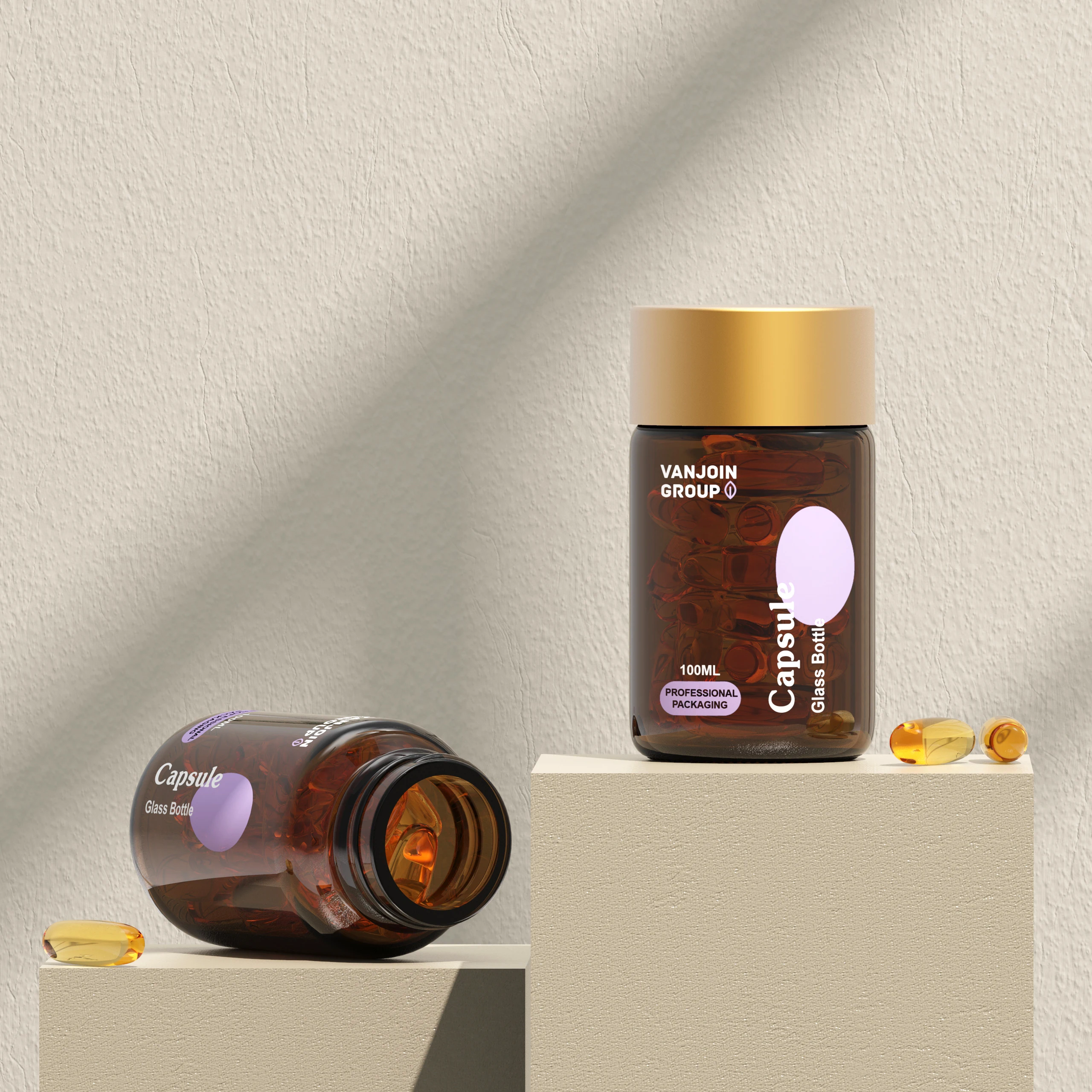 Amber 100ml Glass Capsule Medicine Bottle with Gold Screw Lid Pharmaceutical Tablets Pill Bottle Food Grade