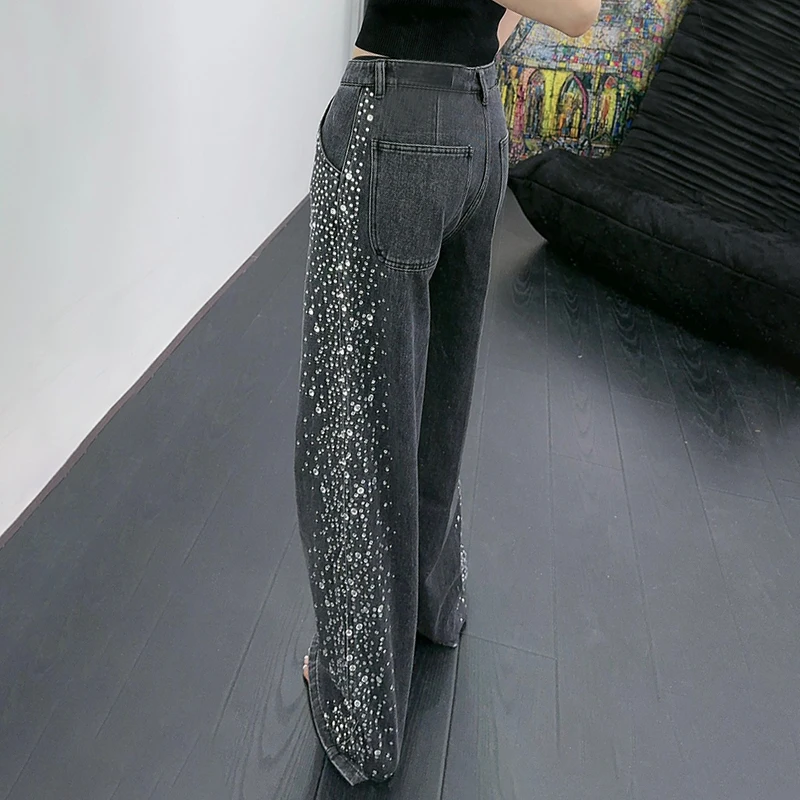 TWOTWINSTYLE Fashion Pant High Waist Patchwork Diamonds Spliced Button Loose Black Jeans Pants For Women