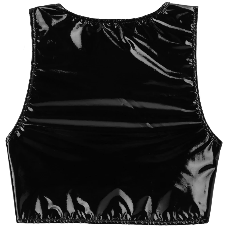 Iefiel Women Patent Leather Wet Look Crop Tops V Neck Sleeveless Sexy Tank Top Stage Club