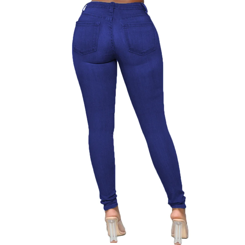 Women Plus Size Elastic Stretch High Waist Solid Color Trousers Pencil Pants Skinny Denim Jeans Cotton Casual Softener Knitted