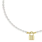Pearl High Quality 14K Gold Plated Stainless Steel Pearl Beads Lock Pendant Necklace P203140