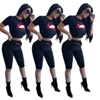 Tshirt Summer Womens Simple Round Neck Sequined Lips Print New Tshirt