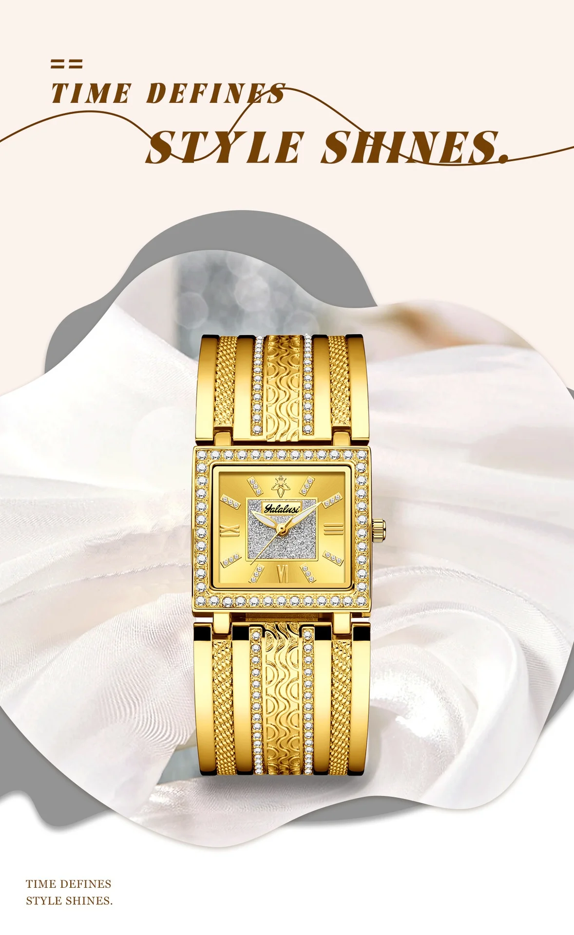 Orimart Gold Square Women's Quartz Watch Luxury Diamond Dial Pointer Diamond-Studded Alloy Strap 3BAR Water Resistant