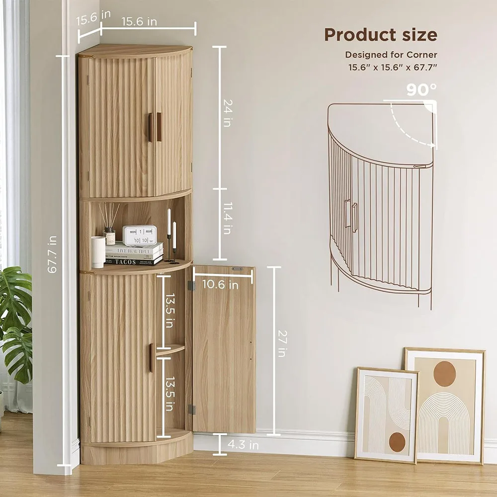68" Tall Modern Wood Corner Storage Cabinet 4 Doors 5 Shelves Pantry Hutch Cupboard Space Saver Kitchen Living Room manufacture