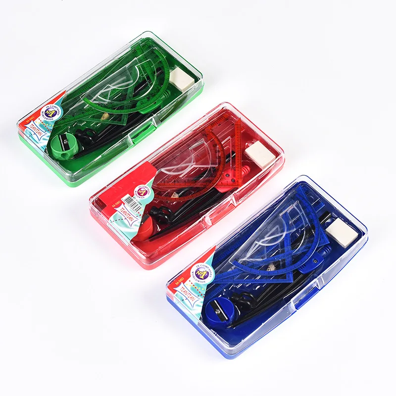 3 Colors Custom Printing Logo Transparent Box Compass Pencil Sharpener Ruler Set Math Instrument Set