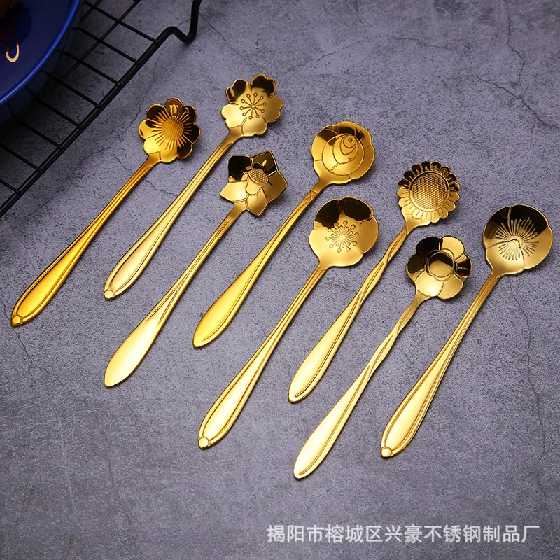 High Quality Creative stainless steel spoon flower shape long handle spoon