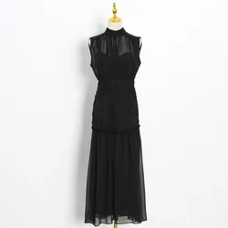 JUES Women's Clothing Fashion Loose Long Dress Contrast Casual Cutout Vintage Pleated Female Dresses