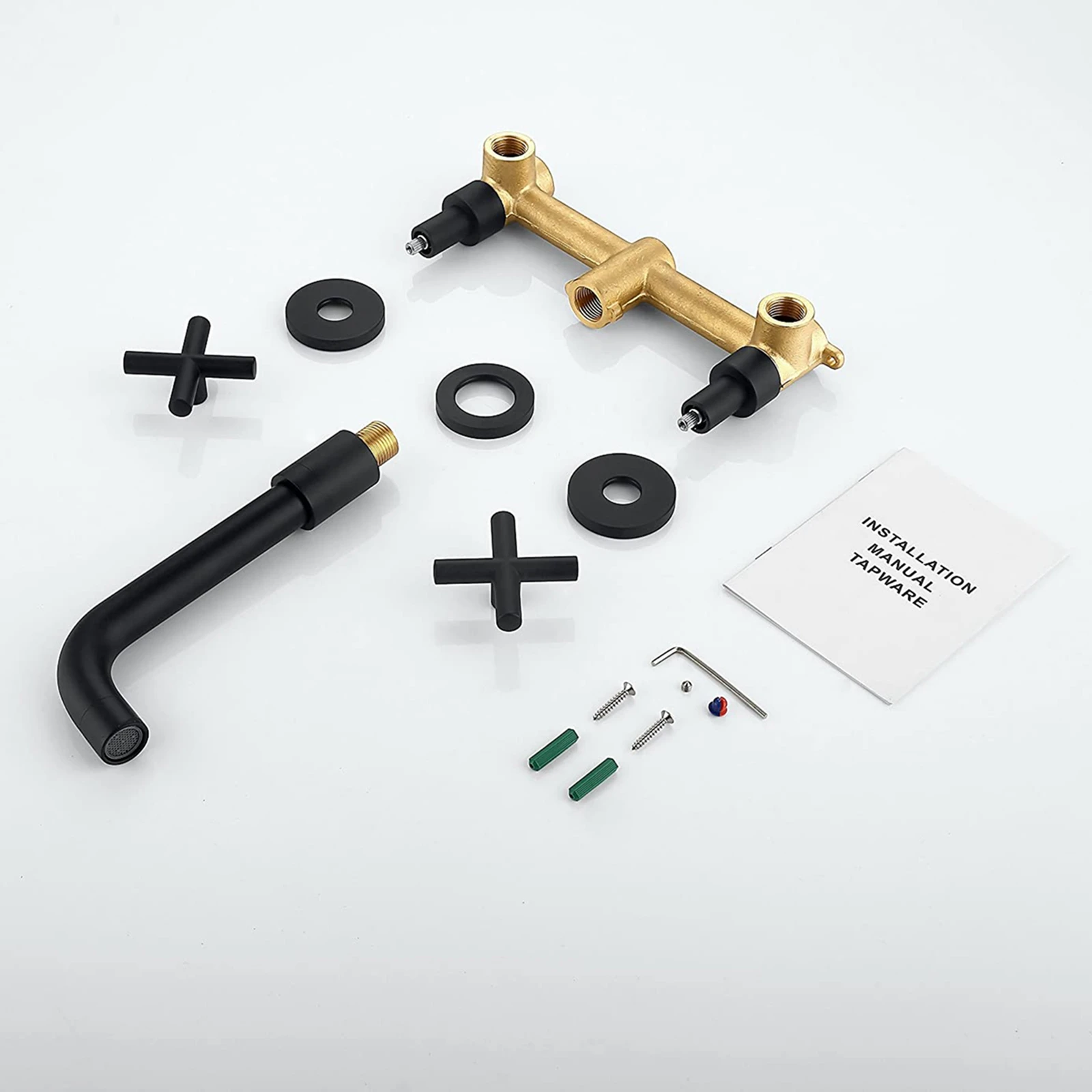 Modern 3 Hole Wall Mounted Hot Cold Water Tap Matt Black Finish Brass 2 Handle In-wall Wash Basin Mixer