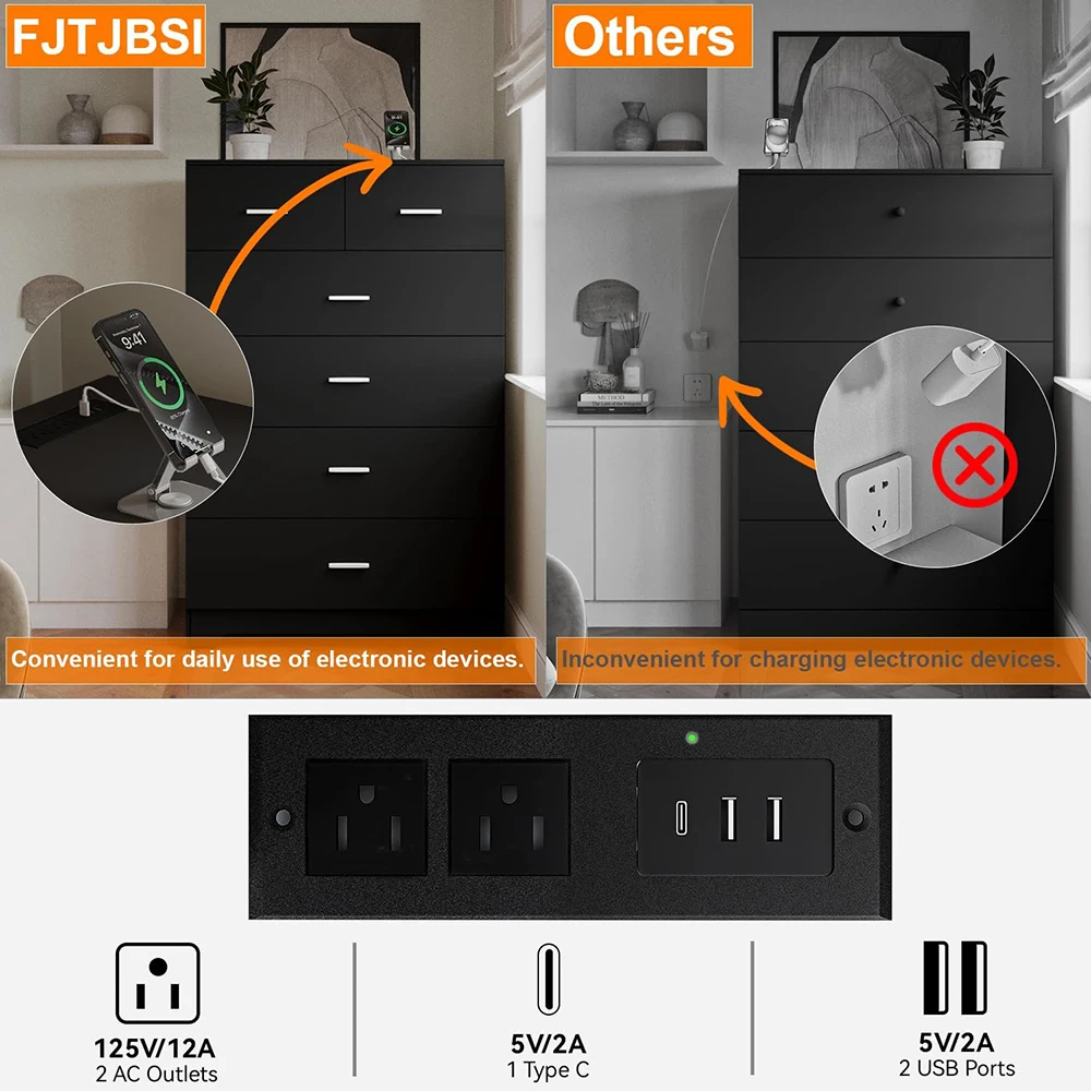 product nu deco mh25809 6 drawer wooden modern dresser with power outlets black tall storage smooth metal rail for bedroom-2