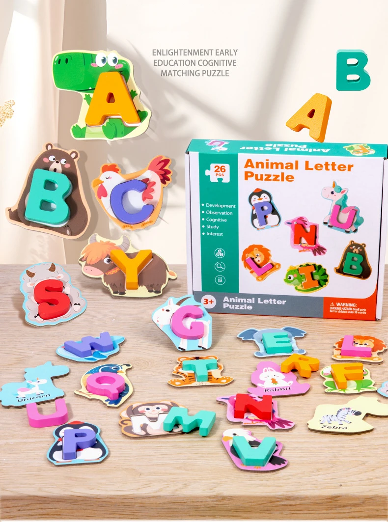 ABC 26 pièces bois lettre et animaux correspondant blocs de Puzzle éducation précoce enfants jouets pour 2 à 4 ans fabrication