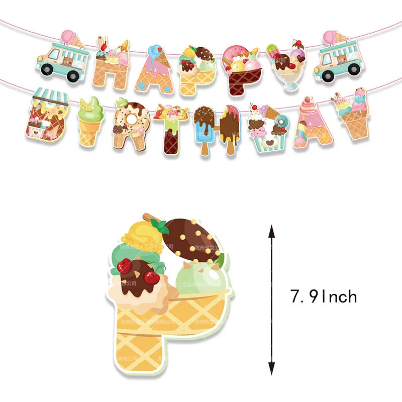 Macaron Ice Cream Theme Birthday Banner Latex Balloon Cake Topper Set Baby Birthday Party Decorations