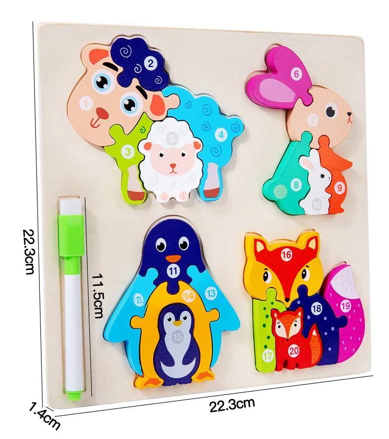 Puzzle 2D Animal en bois Montessori 1 en 3 pour enfants, Puzzle de dessin animé pour éducation précoce, avec fournisseur de planche à dessin