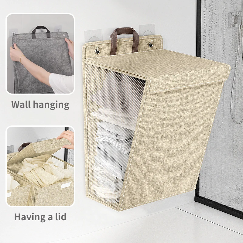 Large-capacity Wall Hanging Laundry Hamper with Hook Folding Laundry Basket With Lid Dirty Clothes Storage Basket