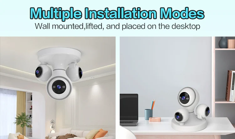 Mini 12mp Smart Home Surveillance Wifi Wireless Network Security Ptz Ip Three Lens Indoor Baby&Pet Home Security Camera