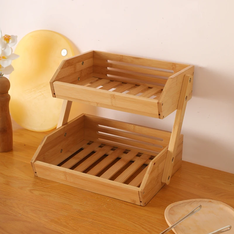 Custom Fancy Wood Storage Basket Fruit Bread Rack Snack and Spice Shelf for Kitchen Countertop Box Packed