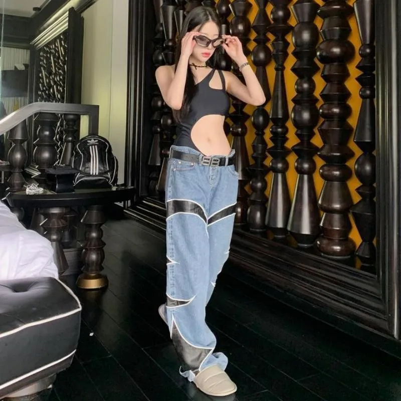 Vintage Mid Hop Wide Leg Baggy Botton Denim Fabric Jean Trousers Custom High Quality Fashion Casual Woven High Waist supplier