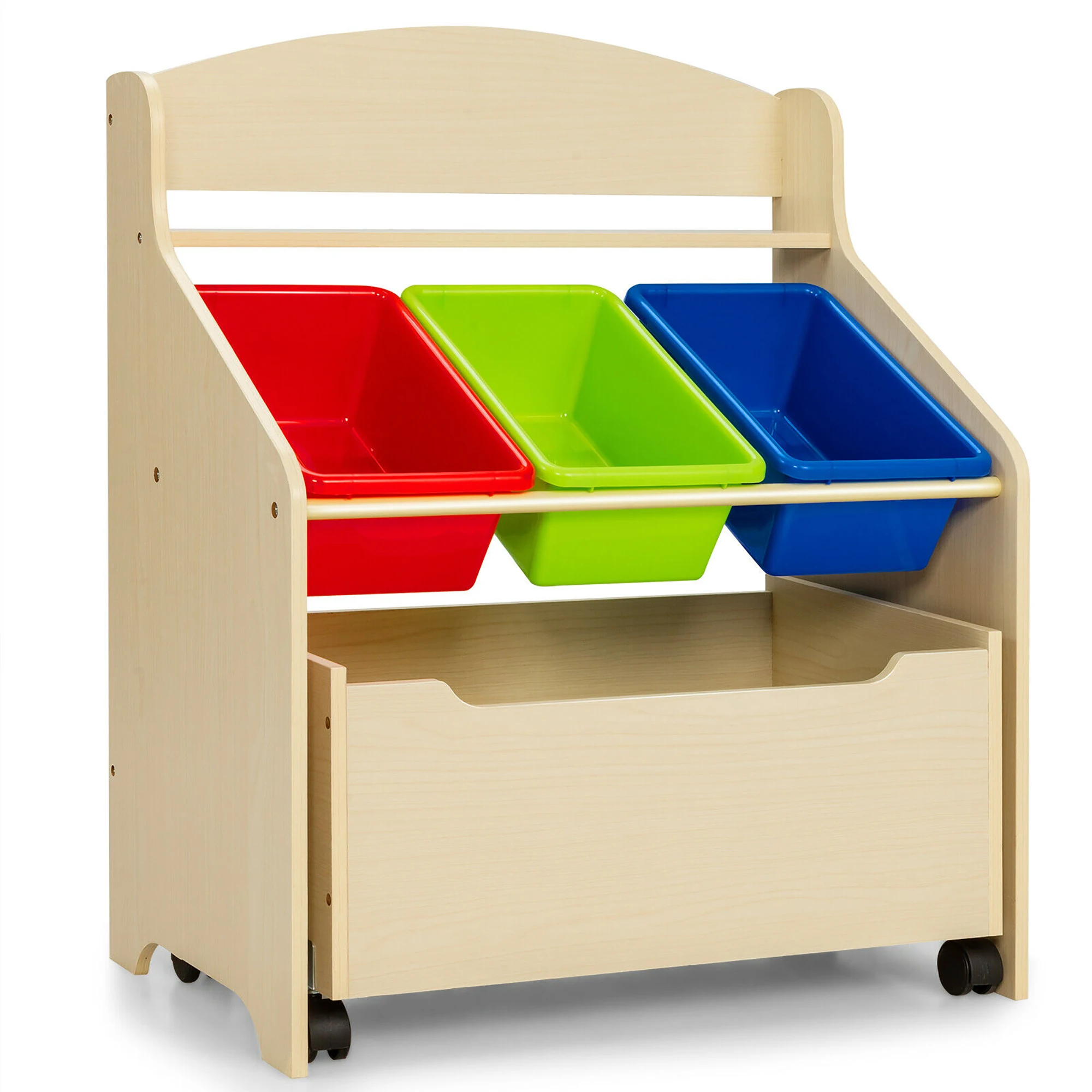 wooden toy storage with bins