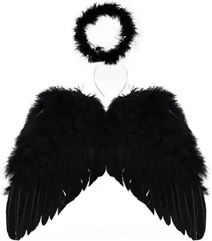 Black Angel Wings and Halo Headband Halloween Christmas for Kids Fairy Angel Costumes Feather Dress up Fancy Cosplay Party