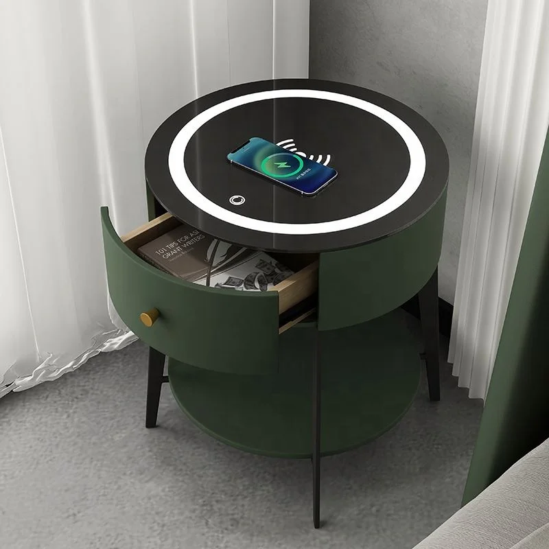 Contemporary Design Bedroom Nightstand Solid Wooden Wireless Charger Fingerprint Unlock Table Smart Nightstand