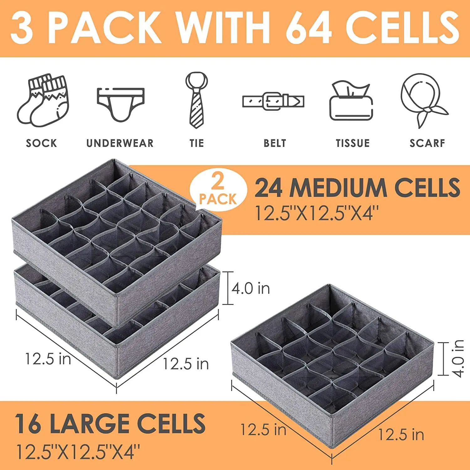 3 pack Fabric Foldable Cabinet drawer organizer sock underwear organizer storage box