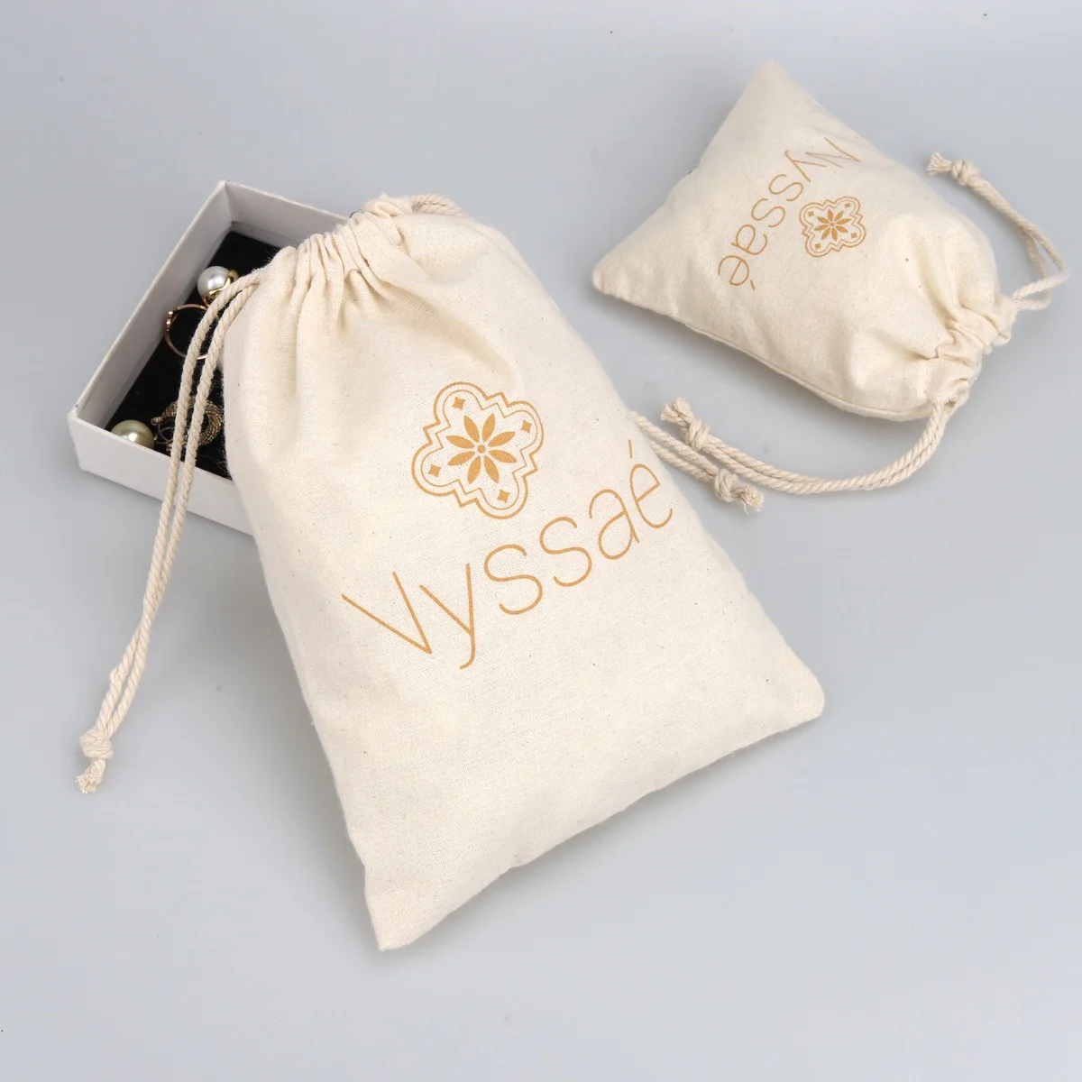 High Quality Rose Gold Printed Muslin Gift Shopping Bag Drawstring Natural Cotton Packaging Pouch
