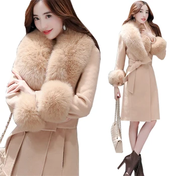 cashmere woolen overcoat women wool coat faux fur collar ladies coat faux fur factory price fleece coat women