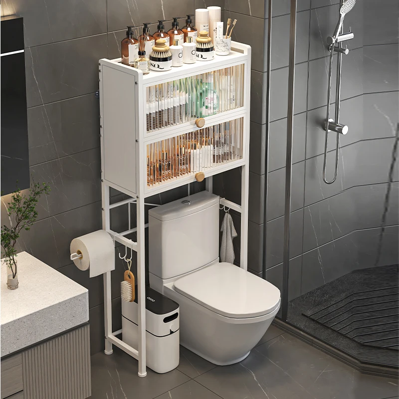 bathroom With cabinet door over Toilet storage rack paper roll organization holder 3 Tier Metal towel Bath Products shelf