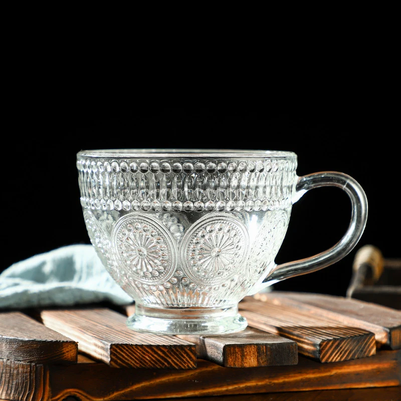 13oz Multipurpose Clear Glass Bowl with Handle Vintage Embossed Breakfast Cup Coffee Mug