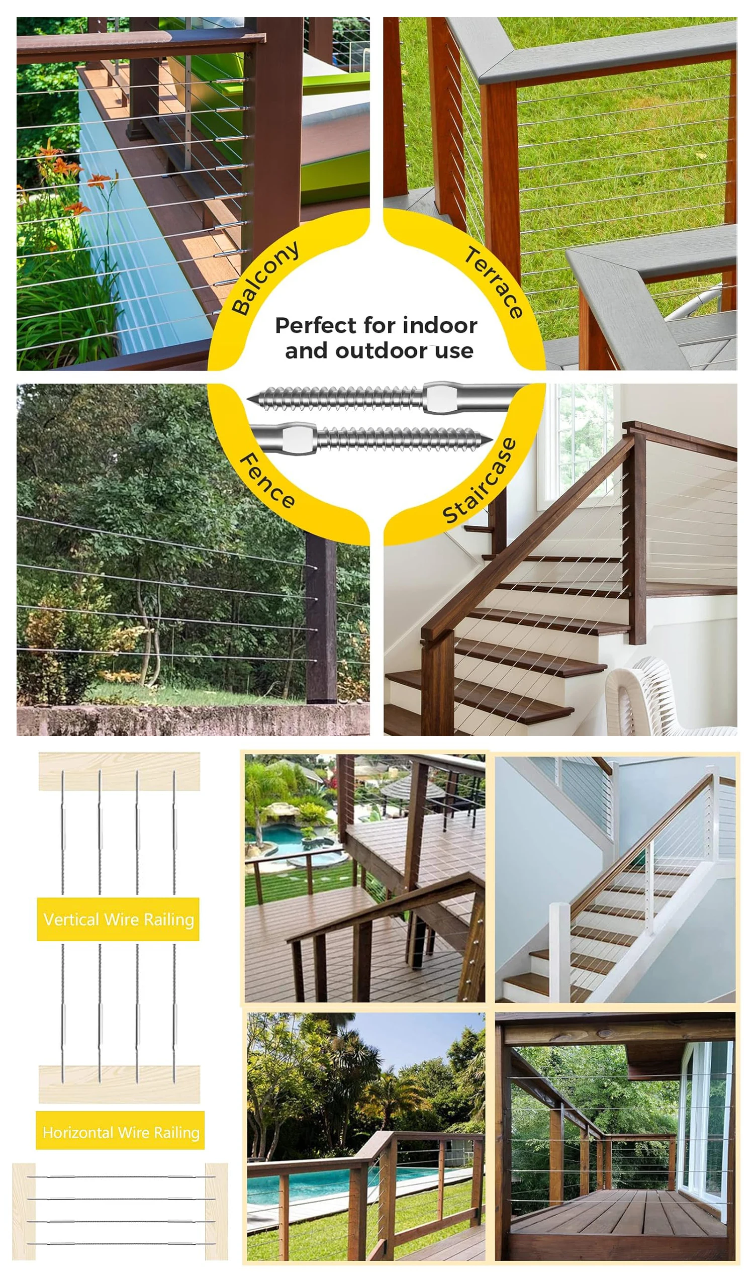 T316 Stainless Steel Cable Railing Hardware with Waterproof Rust-proof Swage Lag Screws Suitable for 3/16-inch Cables